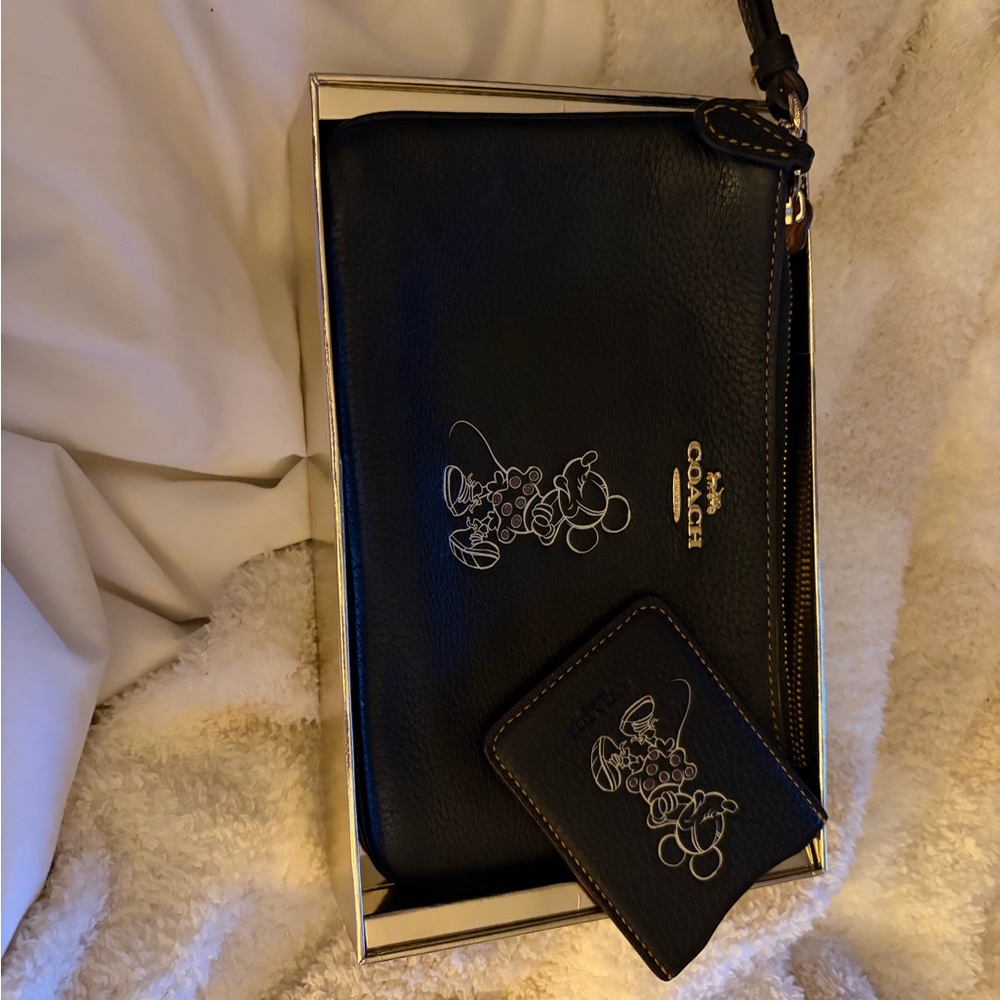 Coach Black Leather Wristlet with Minnie Mouse Print